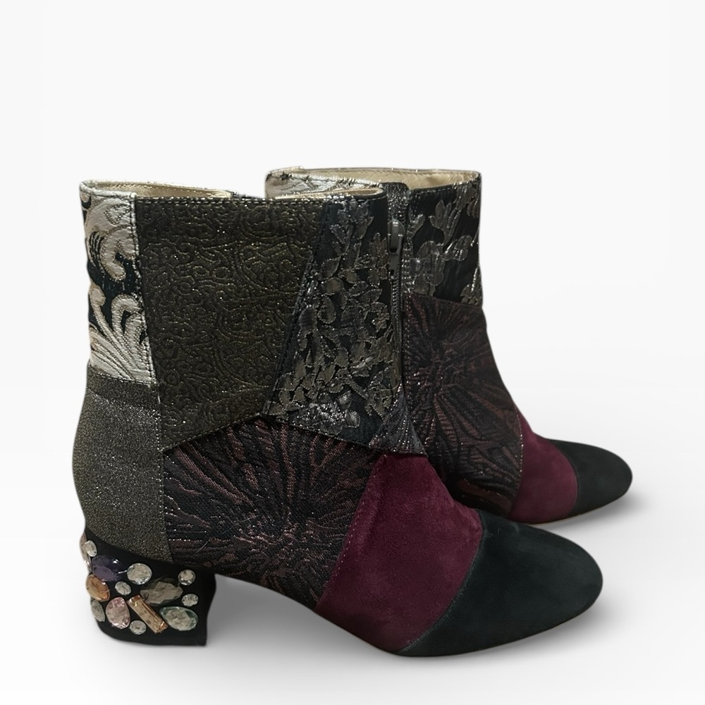 Bettye Muller Patchwork Ankle Boots Embellished Heel Size 7.5M